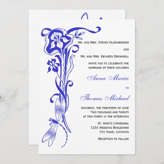 Iris & Dragonfly Royal Blue Faire-part de mariage (Devant / Derrière)