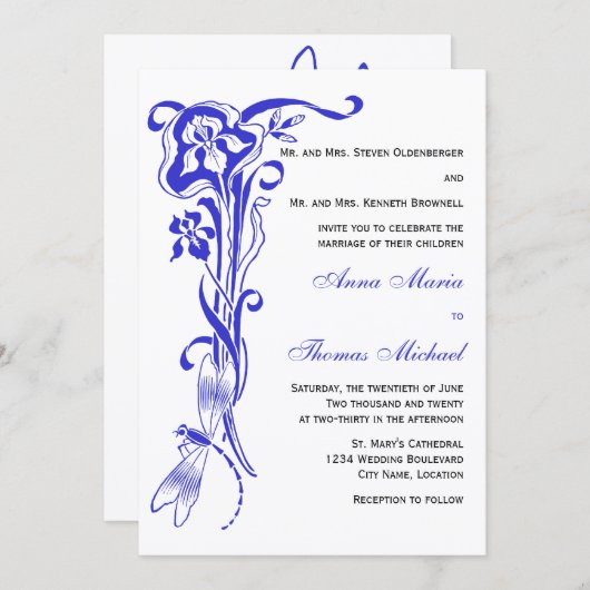 Iris & Dragonfly Royal Blue Wedding Invitation Kaart (Voorkant / Achterkant)