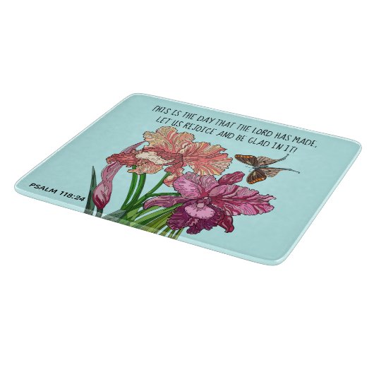 Iris en vlinder met vers vanaf Psalm 118:24 Snijplank (Hoek)