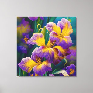Iris Floral Paarse en goudblauwe bladeren Canvas Afdruk