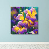 Iris Floral Paarse en goudblauwe bladeren Canvas Afdruk (Insitu (Houten vloer))