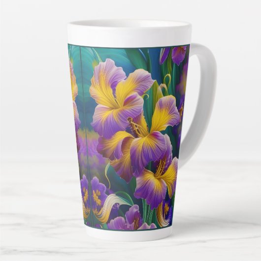 Iris Floral Paarse en goudblauwe bladeren Latte Mok (Rechterhoek)