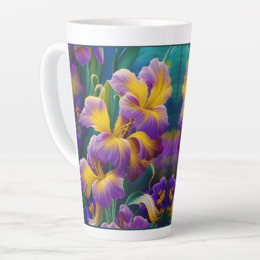Iris Floral Paarse en goudblauwe bladeren Latte Mok (Linkerhoek)