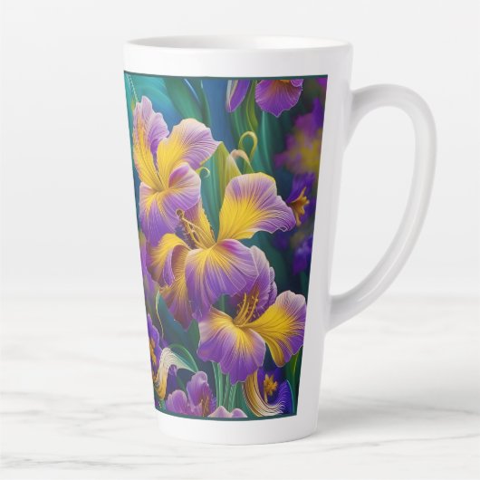 Iris Floral Paarse en goudblauwe bladeren Latte Mok (Rechts)