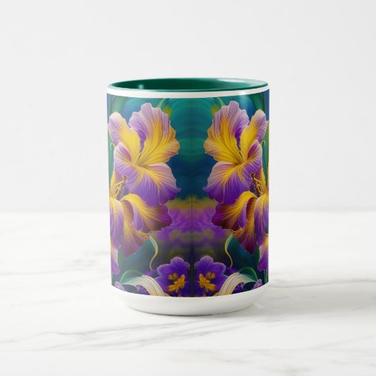 Iris Floral Paarse en goudblauwe bladeren Mok (Midden)