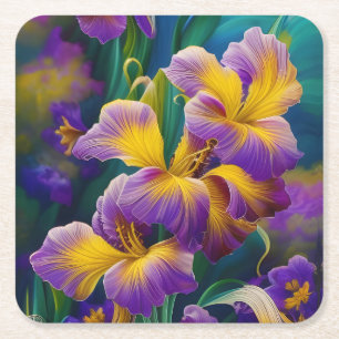 Iris Floral Paarse en goudblauwe bladeren Vierkante Kartonnen Onderzetter