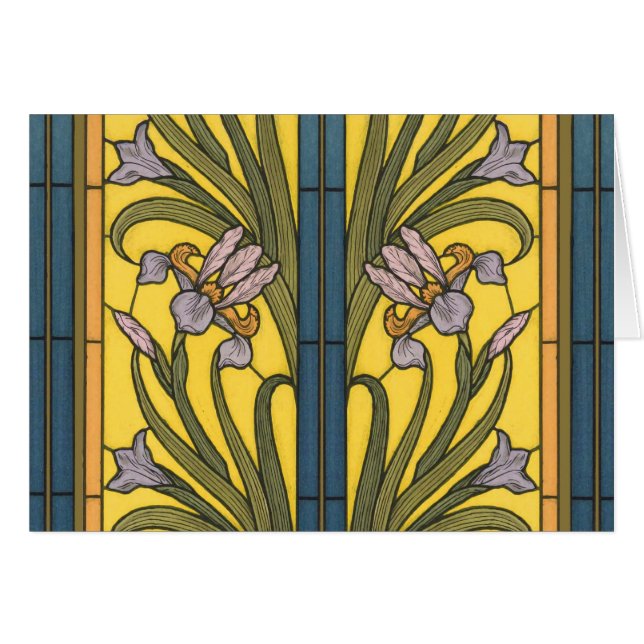Iris Flower Art Nouveau Glas in lood blauw goud (Voorkant Horizontaal)