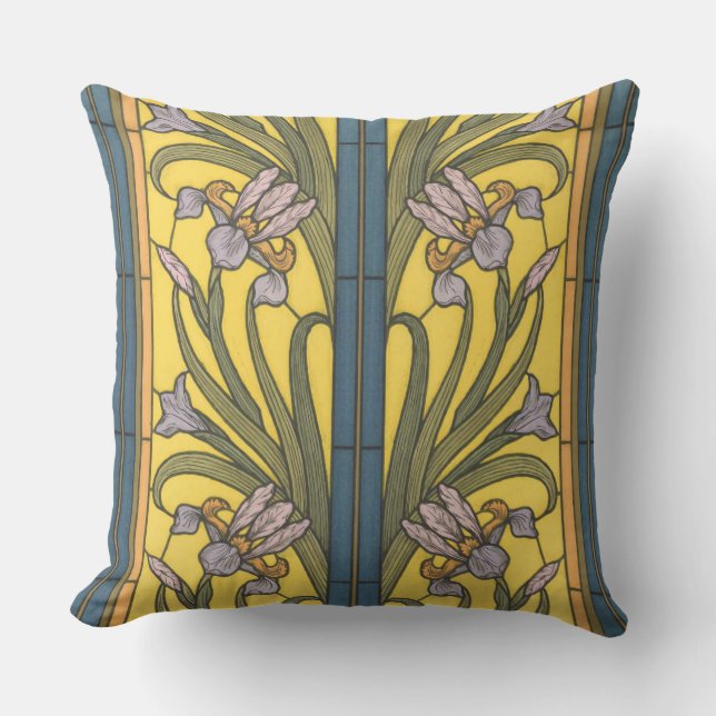 Iris Flower Art Nouveau Glas in lood blauw goud Buitenkussen (Voorkant)