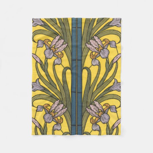 Iris Flower Art Nouveau Glas in lood blauw goud Fleece Deken (Voorkant)