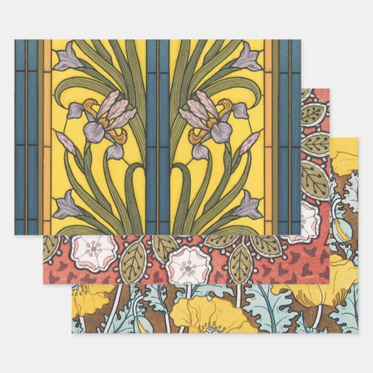 Iris Flower Art Nouveau Glas in lood blauw goud Inpakpapier Vel (Set)