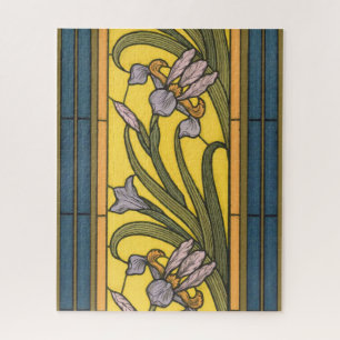 Iris Flower Art Nouveau Glas in lood blauw goud Legpuzzel