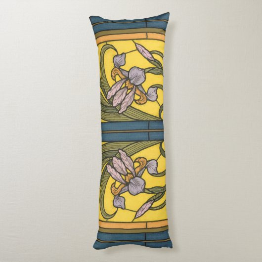 Iris Flower Art Nouveau Glas in lood blauw goud Lichaamskussen (Achterkant (Verticaal))
