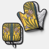 Iris Flower Art Nouveau Glas in lood blauw goud Ovenwant & Pannenlap Set (Voorkant / Achterkant)