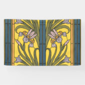 Iris Flower Art Nouveau Glas in lood blauw goud Spandoek (Horizontaal)
