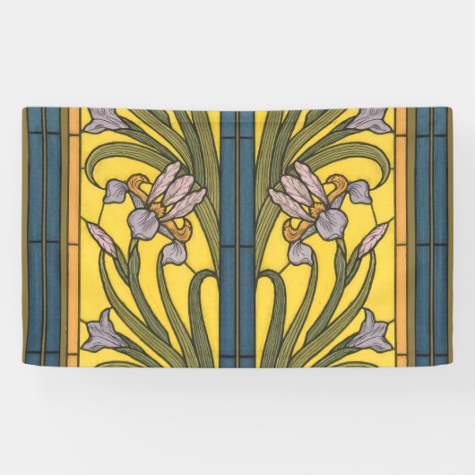 Iris Flower Art Nouveau Glas in lood blauw goud Spandoek (Horizontaal)