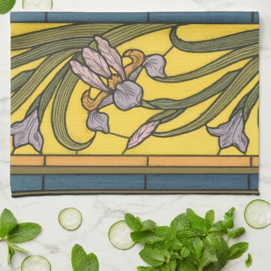 Iris Flower Art Nouveau Glas in lood blauw goud Theedoek (Gevouwen)