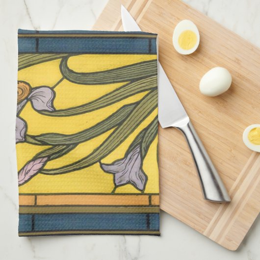 Iris Flower Art Nouveau Glas in lood blauw goud Theedoek (Quarter Fold)