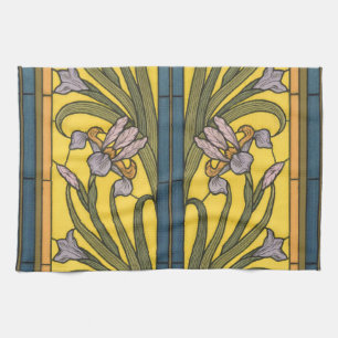 Iris Flower Art Nouveau Glas in lood blauw goud Theedoek