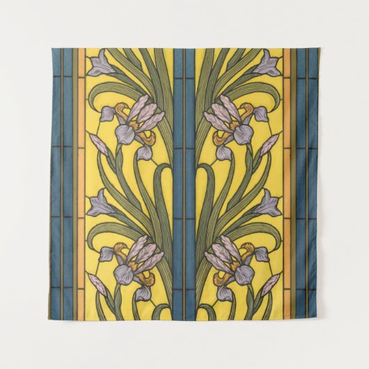 Iris Flower Art Nouveau Glas in lood blauw goud Wandkleed (Voorkant)