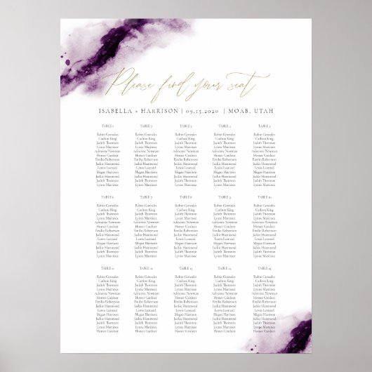 IRIS | Plum Paars Waterverf Gold Seating Chart Poster (Voorkant)