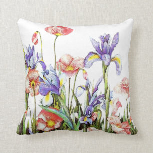 Iris & Poppy Flowers Waterverf Floral Kussen
