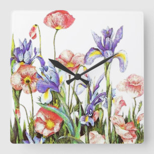 Iris & Poppy Flowers Waterverf Floral Vierkante Klok