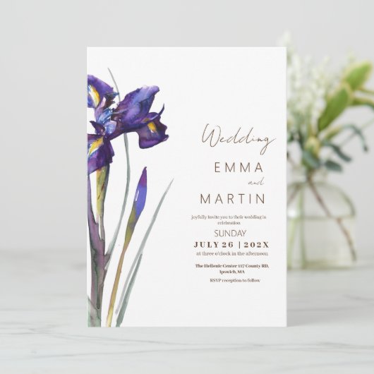 Iris uitnodigingen voor trouwbloem bruiloft (Staand voorkant)