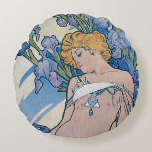 Iris (vier bloemen), Alphonse Mucha Sierkussen Rond Kussen