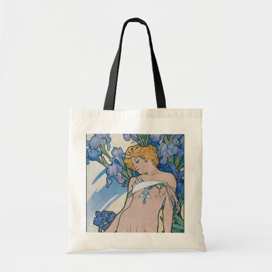Iris (vier bloemen), Alphonse Mucha Tote Bag (Voorkant)