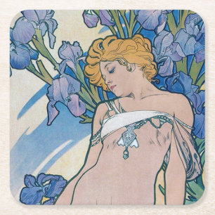 Iris (vier bloemen), Alphonse Mucha Vierkante Kartonnen Onderzetter