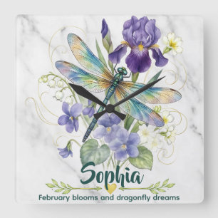 Iris Violette Libelle Muurklok Februari Geboortebl Vierkante Klok