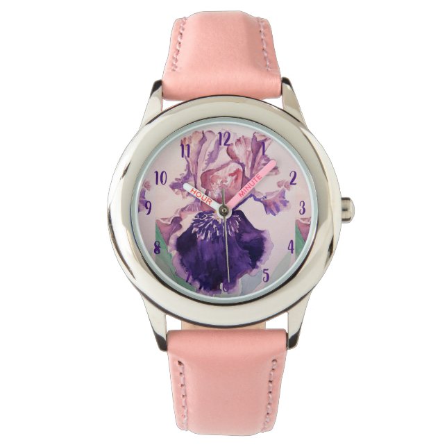Iris Waterverf Paarse kunstbloem schilderen Horloge (Voorkant)