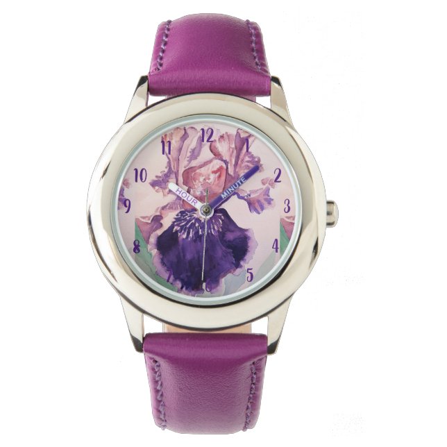 Iris Waterverf Paarse kunstbloem schilderen Horloge (Voorkant)