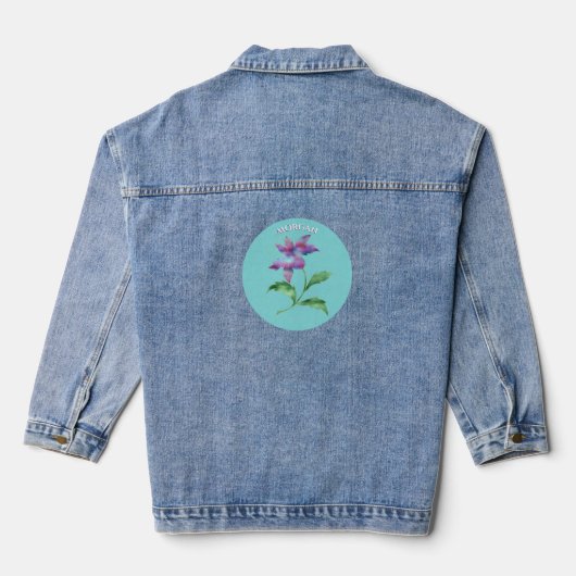 Iriserende bloem, Blauwgroen cirkel, naam Denim Jacket (Achterkant)