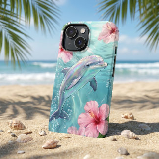 Iriserende Dolfijn & Roze Hibiscus Tropische Oceaa iPhone 16 Hoesje