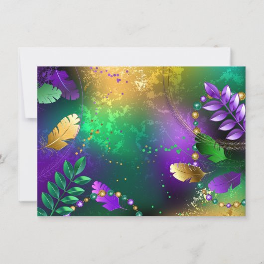 Iriserende mardi gras achtergrond met kralen save the date (Voorkant)