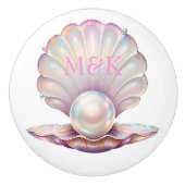 iriserende parel schelpvormige roze monogram keramische knop (Voorkant)
