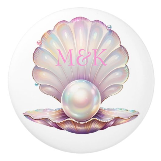 iriserende parel schelpvormige roze monogram keramische knop (Voorkant)