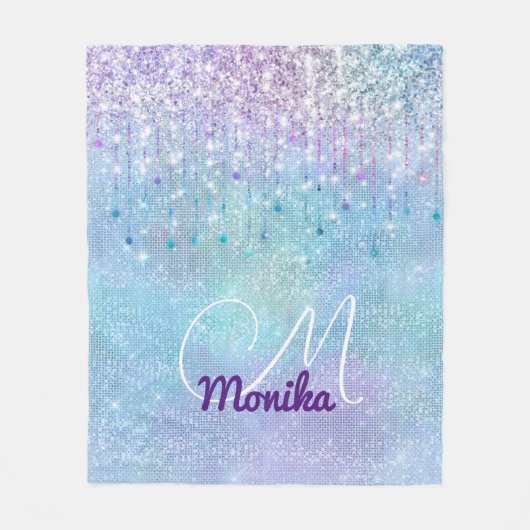 Iriserende Turquoise Zilveren Faux Glitter Monogra Fleece Deken (Voorkant)