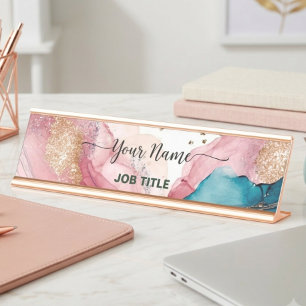 Iriserende waterverf blush roze goud bureau naambordje