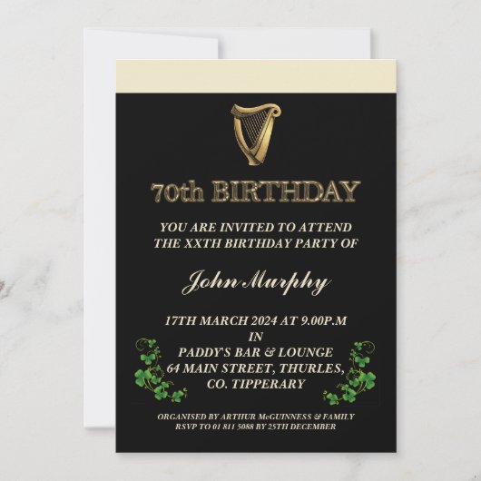 Irish 70th Birthday Party Invitation (Devant)