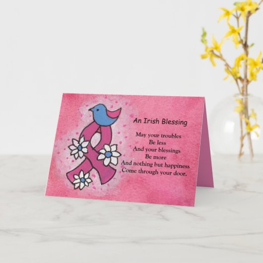 Irish Blessing Borstkanker Roze lint Blauwe Vogel Kaart (Gele Bloem)