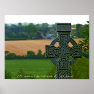 Irish Celtic Cross, Ierland platteland Poster