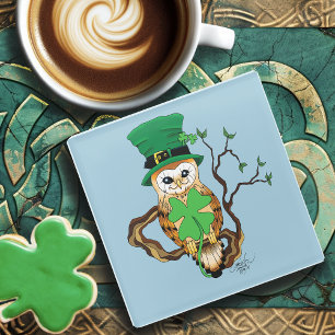 Irish Clovers Uil Groen Glazen Onderzetter