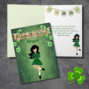 Irish Dance Shamrock Wishes Black Hair Birthday Kaart