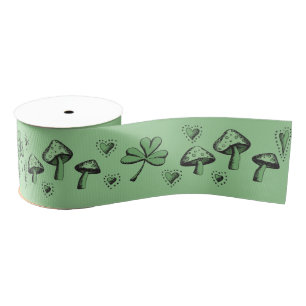 Irish Green Shamrocks Hearts and Mushrooms 3" Grosgrain Lint
