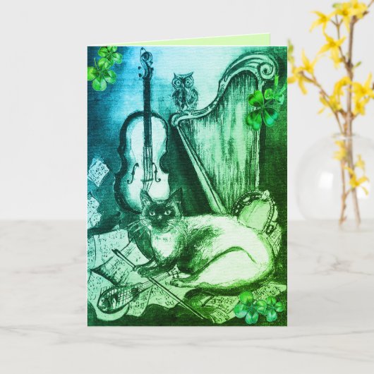 Irish Harp and St.Patrick's Day Cat Making Music Kaart (Gele Bloem)