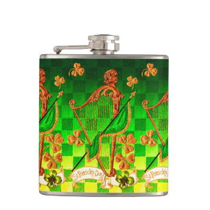 IRISH HARP, GREEN GOLD SHAMROCKS St Patrick's Day Heupfles