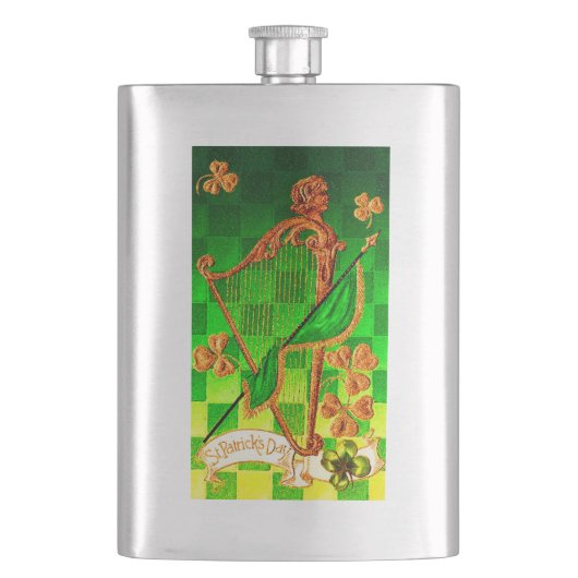 IRISH HARP, GREEN GOLD SHAMROCKS St Patrick's Day Heupfles (Voorkant)