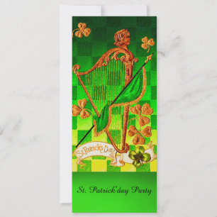 IRISH HARP, GREEN GOLD SHAMROCKS St Patrick's Day Kaart